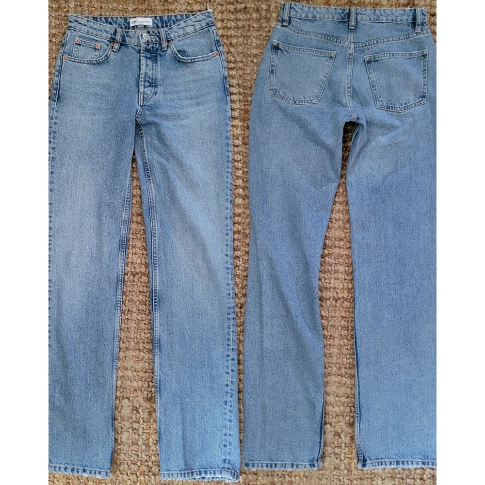 Zara Straight Leg High Rise Jeans 90s denim 2 25 33" button fly vintage wash